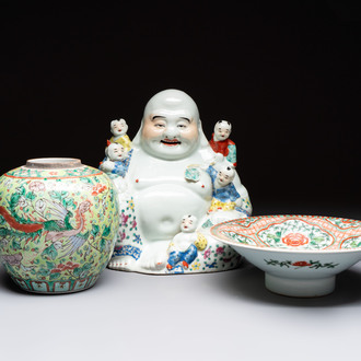 A Chinese famille rose Milefo Buddha, a famille verte jar, and a conical bowl, 19/20th C.