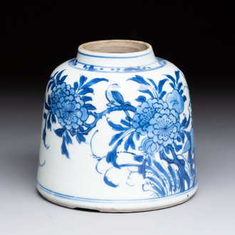 A Chinese blue and white bell-shaped water pot with birds among flowering branches, Kangxi