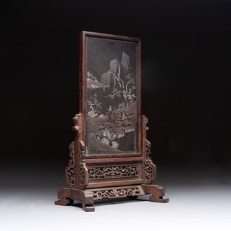 A Chinese laque burgauté and hongmu table screen, Qing