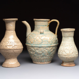 Two Chinese qingbai vases and an ewer with floral design, Song