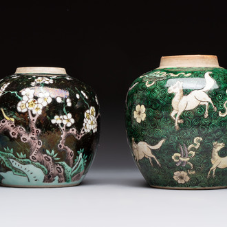 A Chinese famille noir 'prunus blossom' jar and a famille verte 'flying horses' jar, 19th C.