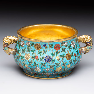 A Chinese gilt-bronze cloisonné censer with floral design, double vajra mark, 19/20th C.