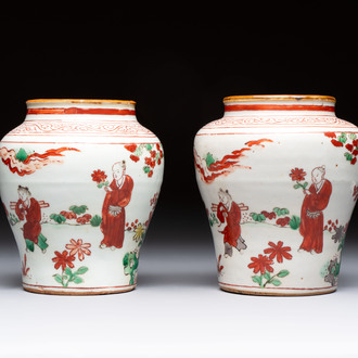 A pair of small Chinese wucai jars with sages in a landscape, Transitional period