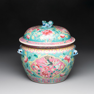 A Chinese famille rose turquoise-ground 'kamcheng' bowl and cover for the Straits or Peranakan market, 19th C.