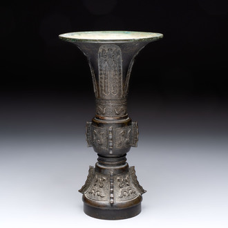 A fine Chinese archaistic bronze 'gu' vase, Ming