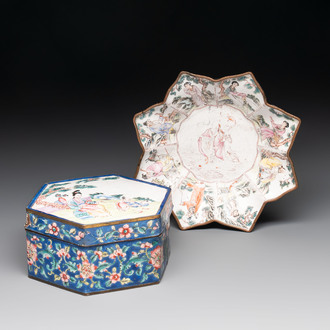 A Chinese Canton enamel 'Eight Immortals' star-shaped plate and a covered box, Qing