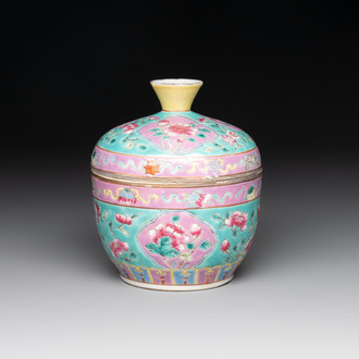 A Chinese famille rose turquoise-ground 'chupu' bowl and cover for the Straits or Peranakan market, 19th C.