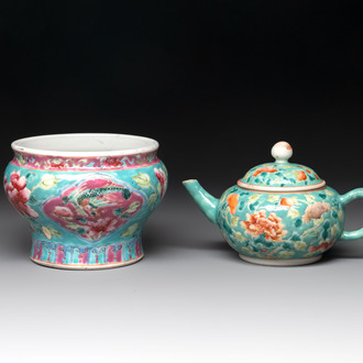 A Chinese famille rose bowl and a teapot for the Straits or Peranakan market, 19th C.