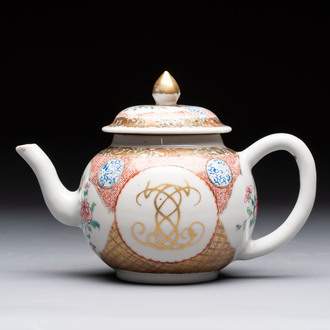 A Chinese famille rose monogrammed teapot with floral design, Yongzheng/Qianlong