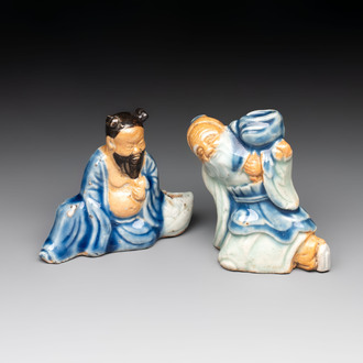 Two Chinese blue, white and celadon biscuit 'Shoulao' and 'Zhongli Quan' water droppers, Qianlong