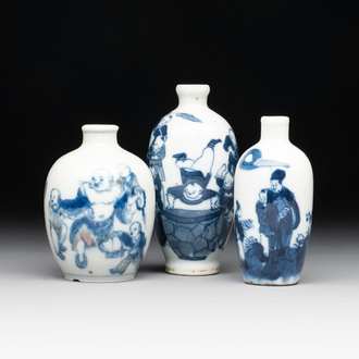 Three Chinese blue, white and copper-red snuff bottles with figural design, Yongzheng and Qianlong mark, 19th C.