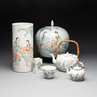 A varied collection of six Chinese famille rose wares, signed Hong Yishun 洪義順 and Luo Yongda 羅永發, Guangxu mark, 19/20th C.