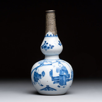 A Chinese blue and white silver-mounted double-gourd 'Li Bai' vase, Kangxi