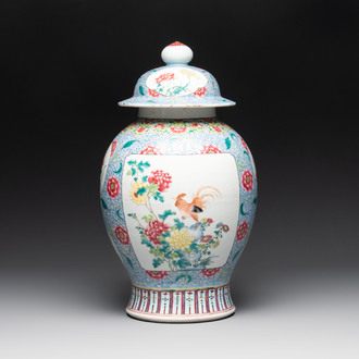 A Chinese famille rose 'rooster and antiquities' vase and cover, 19th C.