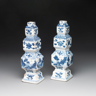 A pair of Chinese blue and white hexagonal vases, Kangxi