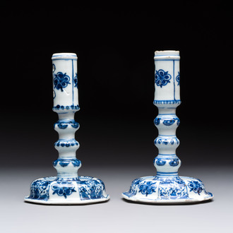 A pair of Chinese blue and white candlesticks with floral design, Kangxi