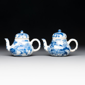 A pair of Chinese blue and white 'Buddhist lion' teapots and covers, Nan Ting Cang Ji 南亭昌記 mark, 19th C.