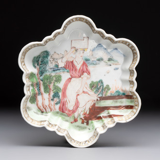 A Chinese famille rose semi-erotic 'milkmaid' pattipan or teapot stand, Qianlong, ca. 1740