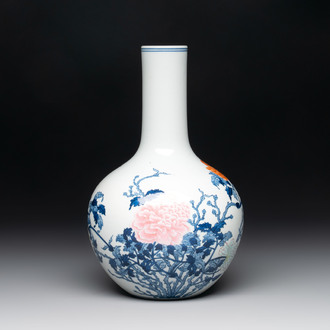 A Chinese blue, white and famille rose 'peonies' vase, Qianlong mark, 20th C.