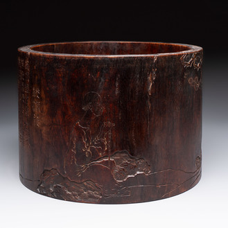 A large Chinese inscribed zitan brush pot, 18/19th C.