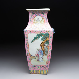 A Chinese famille rose pink-ground vase with figural design, Qianlong mark, 19/20th C.