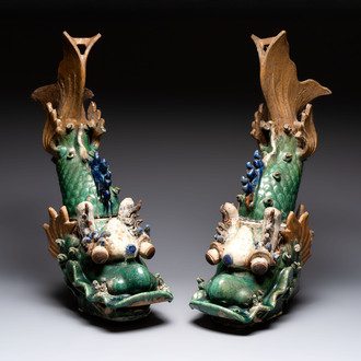 A pair of large Chinese polychrome-glazed fish-form roof tiles, 19th C.