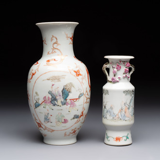 A Chinese famille rose vase and a small qianjiang cai vase, Qianlong mark, 19th C.