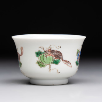 A Chinese famille verte 'squirrels and melons' cup, Chenghua mark, Kangxi