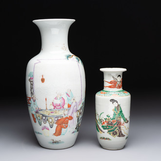 A Chinese famille rose vase with narrative design and a famille verte vase, Qianlong mark, 19th C.