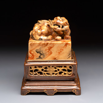 An unusual Chinese marble-glazed 'Qianlong Yu Bi 乾隆御筆' seal and stand, Qianlong mark, Republic