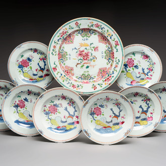 Eight Chinese famille rose plates with floral design and a dish, Yongzheng/Qianlong