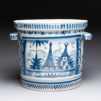 A large blue and white jardinière with landscape design, Nevers, 18th C.
