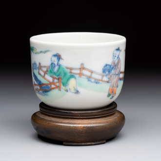 A Chinese doucai 'Zhou Dunyi 周敦颐' cup on wooden stand, Xianfeng mark and of the period