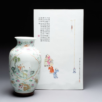 A Chinese famille rose 'immortals' vase on wooden stand and a plaque, Qianlong mark, 20th C.