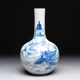A Chinese blue and white bottle vase with narrative design, Qianlong mark, 19th C.