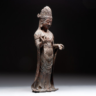 A fine and large Chinese bronze standing Buddha, possibly Liao