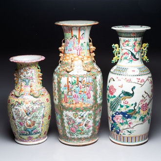 A Chinese famille rose vase and two Canton famille rose vases, 19/20th C.