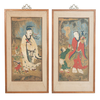 Two Chinese schools: 'Lan Caihe 蓝采和' and 'Lu Dongbin 吕洞宾', ink and colour on silk, 19th C.