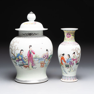 A Chinese famille rose covered vase and baluster vase, Qianlong marks, 20th C.