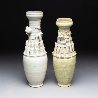 Two Chinese qingbai-glazed covered urns with applied design, Song