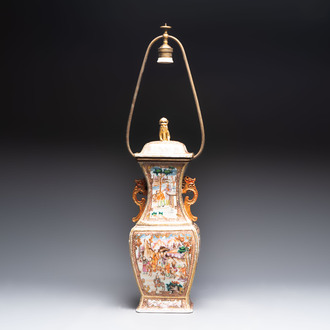 A Chinese Canton gilt famille rose covered vase with mandarin design, mounted as a lamp, Qianlong
