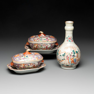 A pair of Chinese Canton famille rose 'mandarin subject' covered tureens and stands and a vase, Qianlong