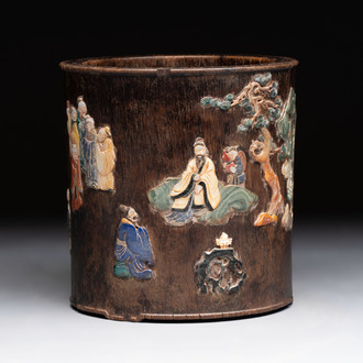 A Chinese hardstone, mother-of-pearl and silver embellished zitan bitong, Chongzhen mark, 17/18th C.