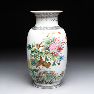 A Chinese famille rose vase with birds among flowering branches, Qianlong mark, Republic