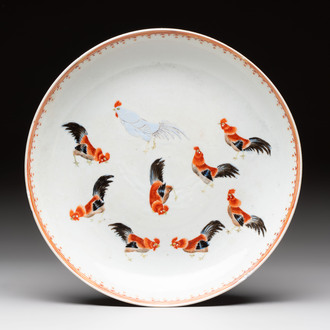 A rare Chinese polychrome enamelled 'roosters' dish, Qianlong