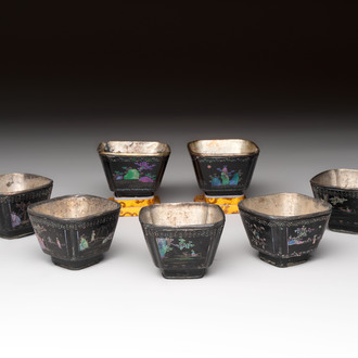 Seven Chinese silver-lined laque burgauté wine cups and two stands, Kangxi