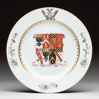 A Chinese armorial plate with the arms of Bouverie quartering Urry and Clarke impaling Pleydell, Qianlong, ca. 1748