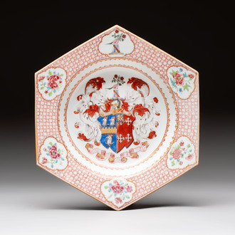 A rare Chinese famille rose hexagonal armorial plate with the arms of Jephson impaling Chase, Yongzheng, ca. 1735