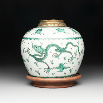 A Chinese green-enamelled 'dragon' jar mounted as a lamp, 18/19th C.
