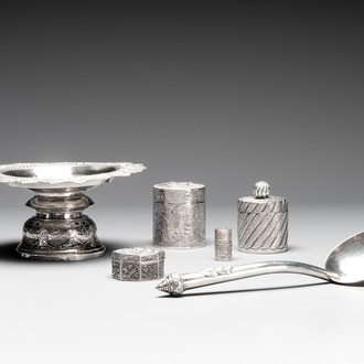 A silver tazza, four boxes and a large spoon, China and Thailand 19/20th C.